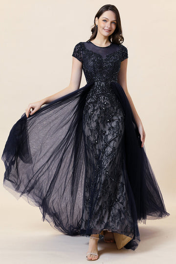 Vestido Largo Con Cuentas Azul Marino